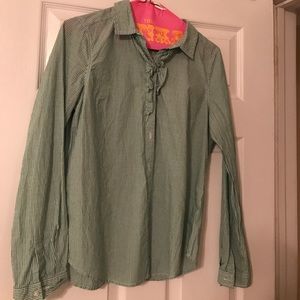 Green and white stripe button up with ruffles